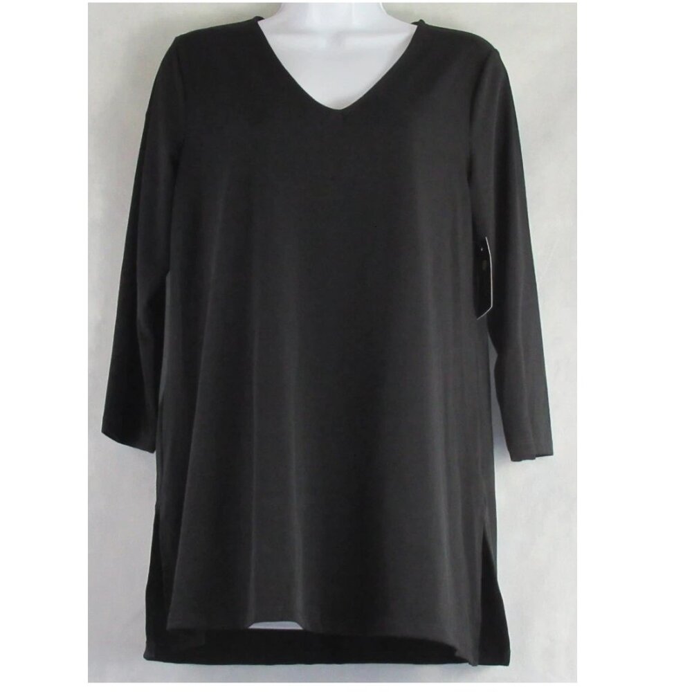 JM Collection Women's V-Neck 3/4-Sleeve Swing Knit Top, Deep Black, Medium